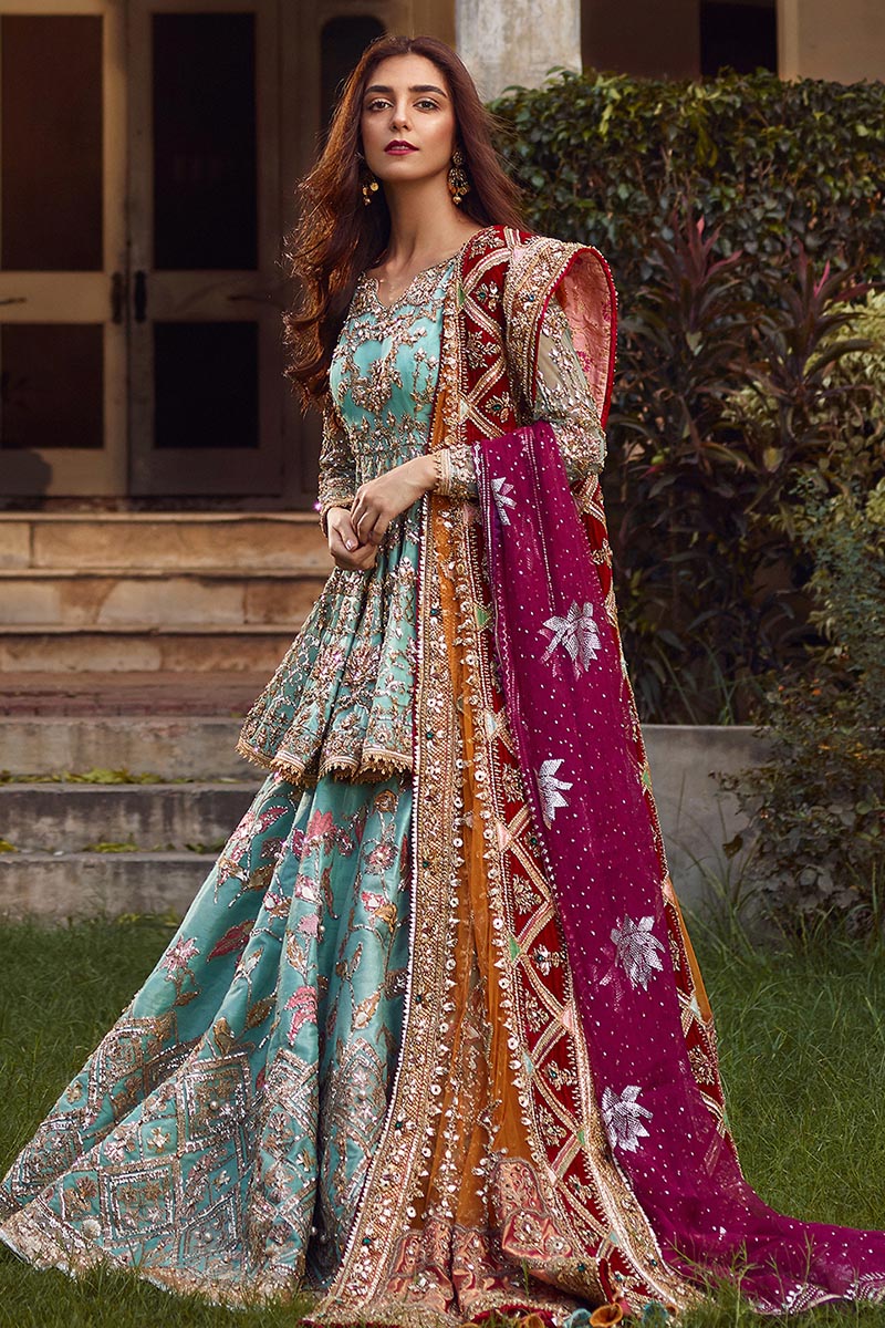 MNR | 4 Piece Unstitched Sky Blue Embroidered Lehenga | Ronaq Jahan