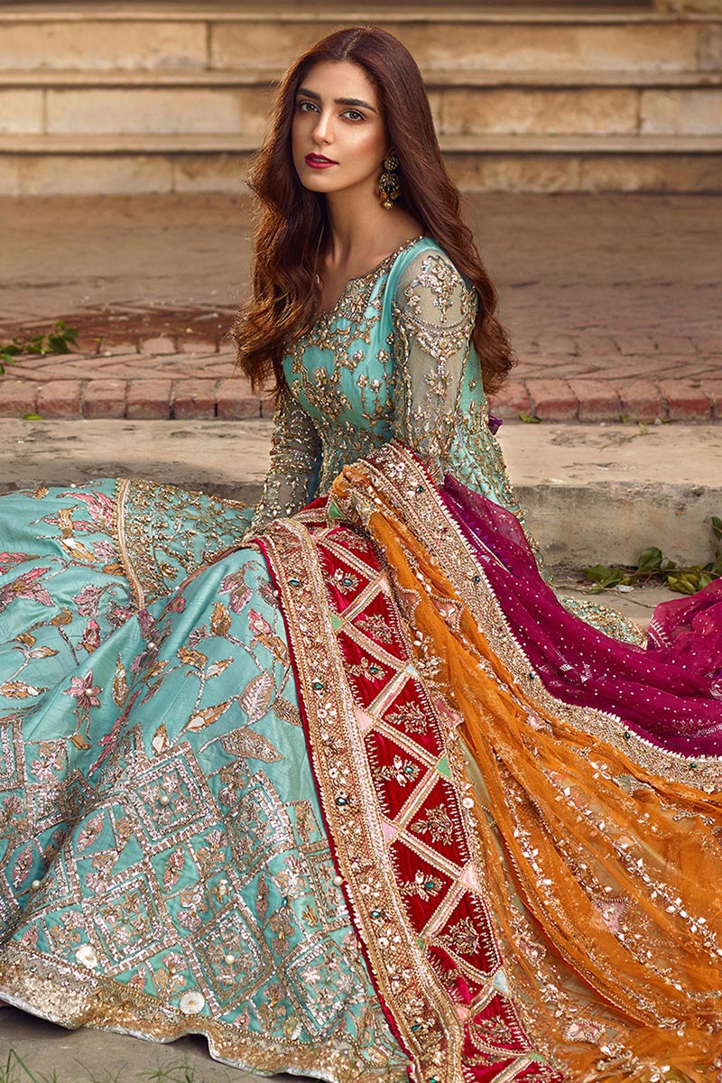 MNR | 4 Piece Unstitched Sky Blue Embroidered Lehenga | Ronaq Jahan