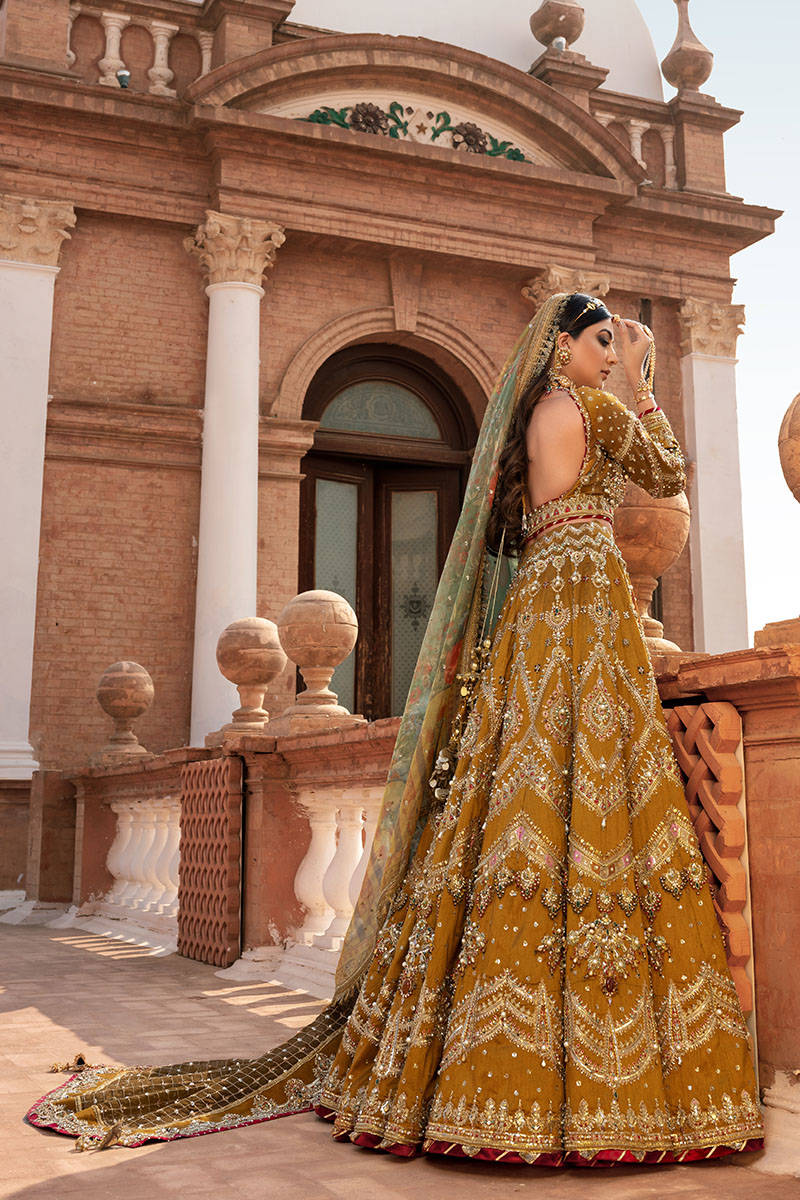 MNR Mohsin Naveed Ranjha | Embroidered and Embellished Mustard Bridal Lehnga | KesarMahal FRS-199