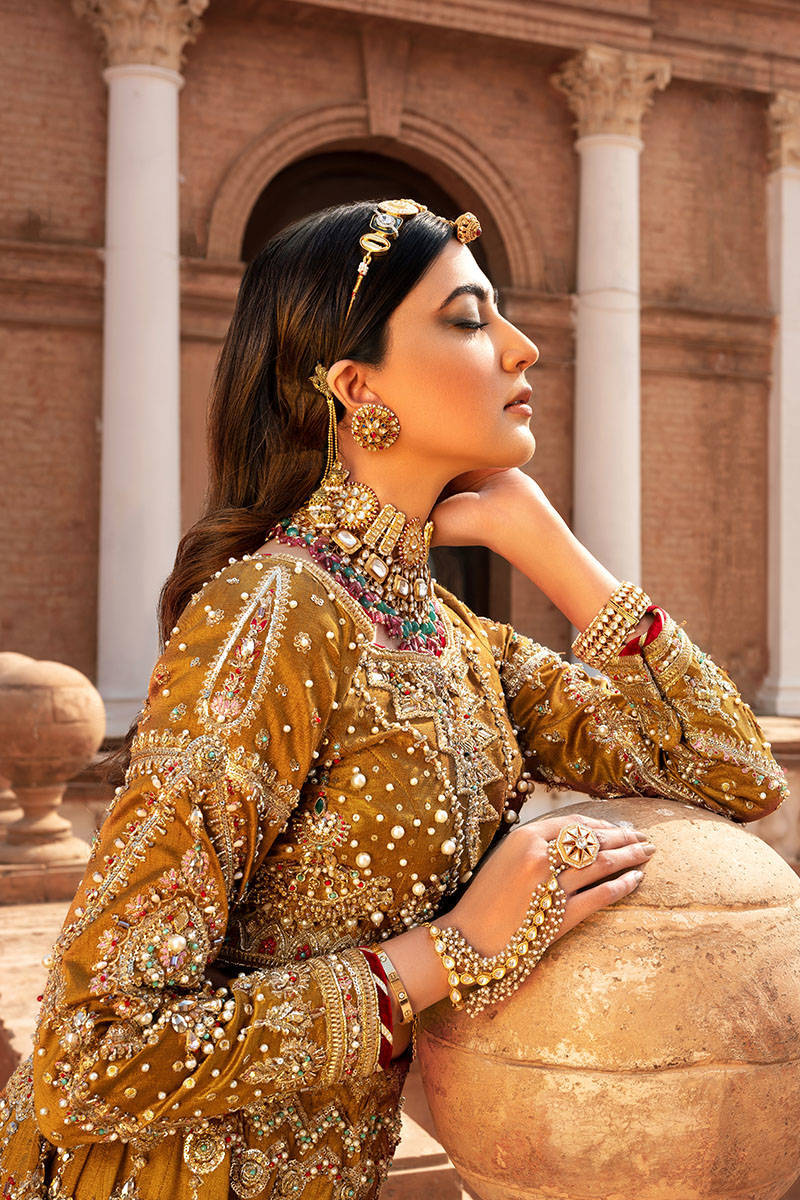 MNR Mohsin Naveed Ranjha | Embroidered and Embellished Mustard Bridal Lehnga | KesarMahal FRS-199
