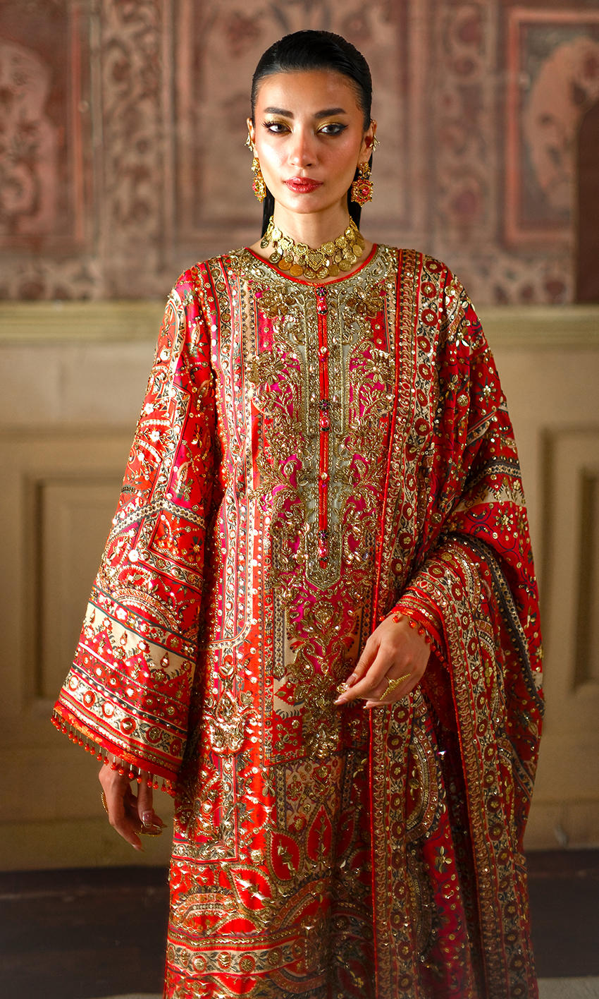 Nomi Ansari | 3 Piece Unstitched Embroidered Silk | Crimson Tale