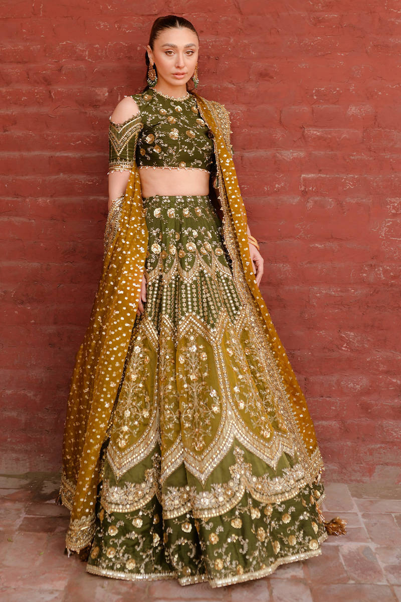 MNR | 3 Piece Unstitched Embroidered Raw Silk Lehenga | Afsana