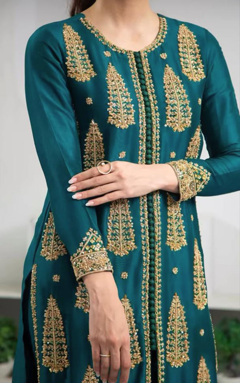 Fahad Hussayn | 3 Piece Unstitched Embroidered Raw Silk | Emerald