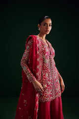 Soraya | Crimson rose Unstitched organza short jacket | REGAL