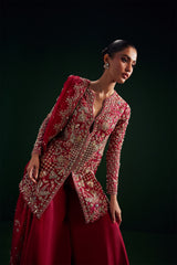 Soraya | Crimson rose Unstitched organza short jacket | REGAL
