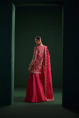 Soraya | Crimson rose Unstitched organza short jacket | REGAL