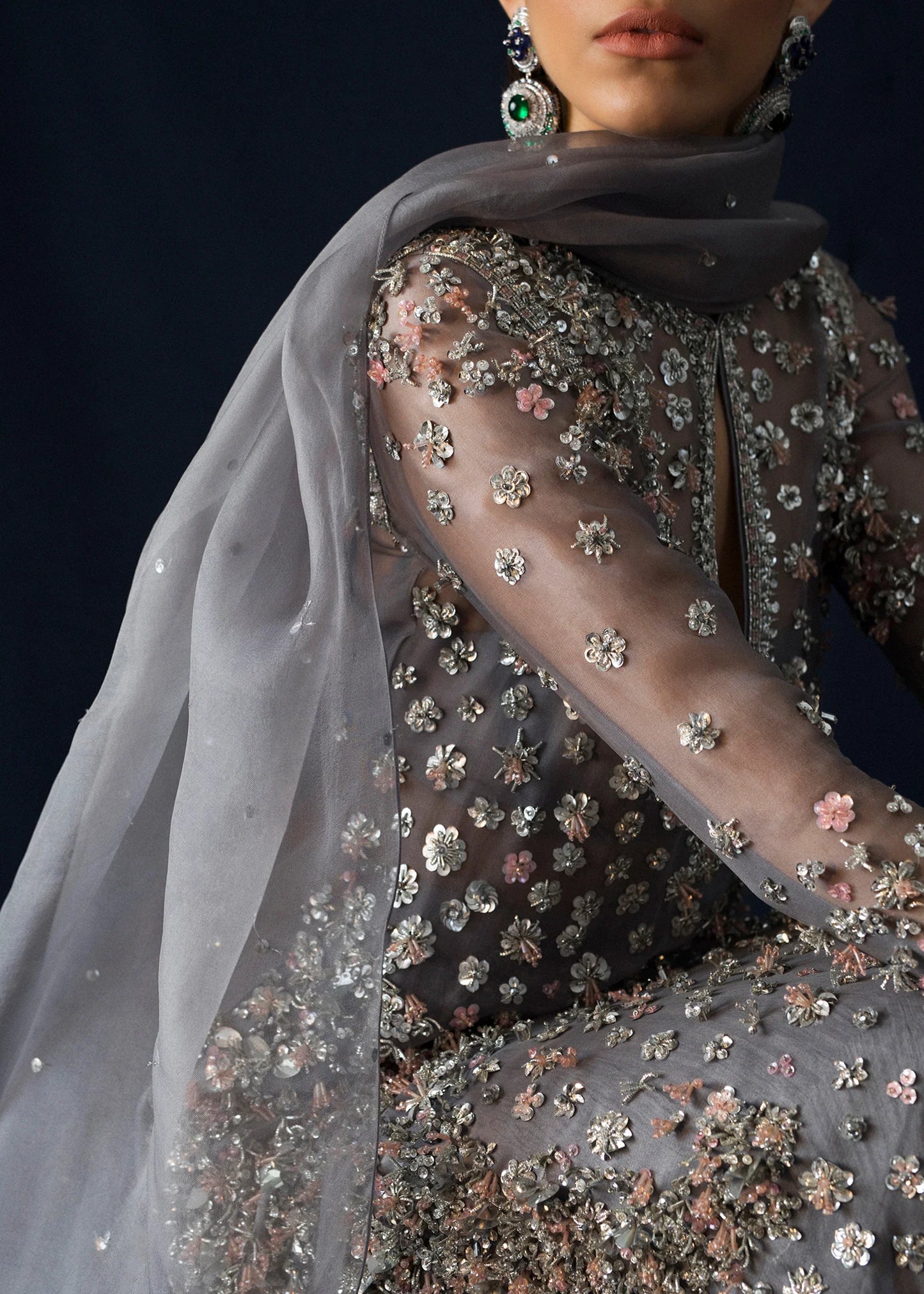 Hussain Rehar | 3 Piece Unstitched Embroidered Organza | Surmai