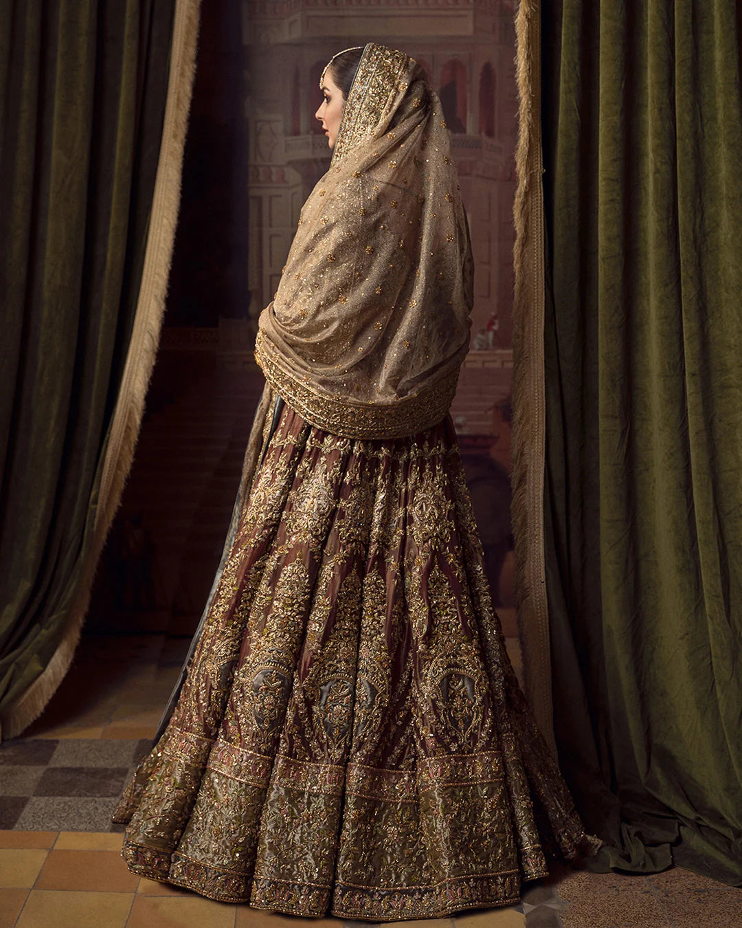 Faiza Saqlain | 3 Piece Unstitched Embroidered Tissue Lehenga | Muntaha