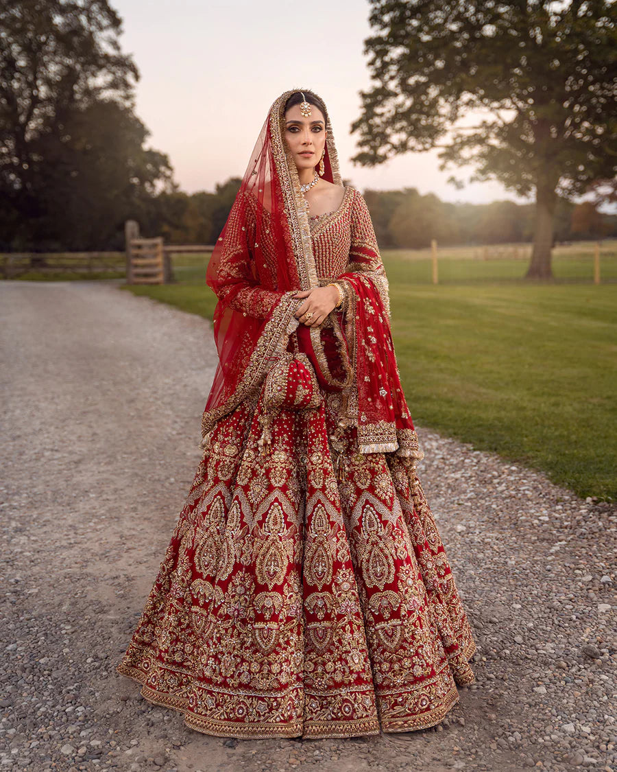 Faiza Saqlain | 3 Piece Unstitched Embroidered Raw Silk Choli Lehenga | Raeni