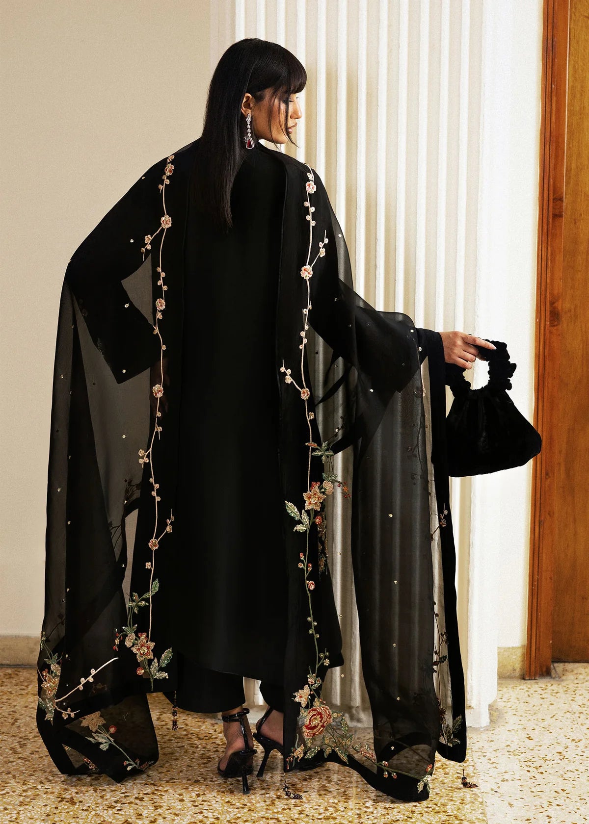 Hussain Rehar | 3 Piece Unstitched Embroidered Raw Silk Dress | Sitara Noir