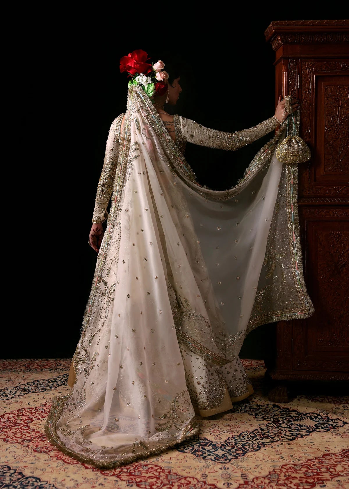 Hussain Rehar | 3 Piece Unstitched Embroidered Satin Lehenga | Chamkeli