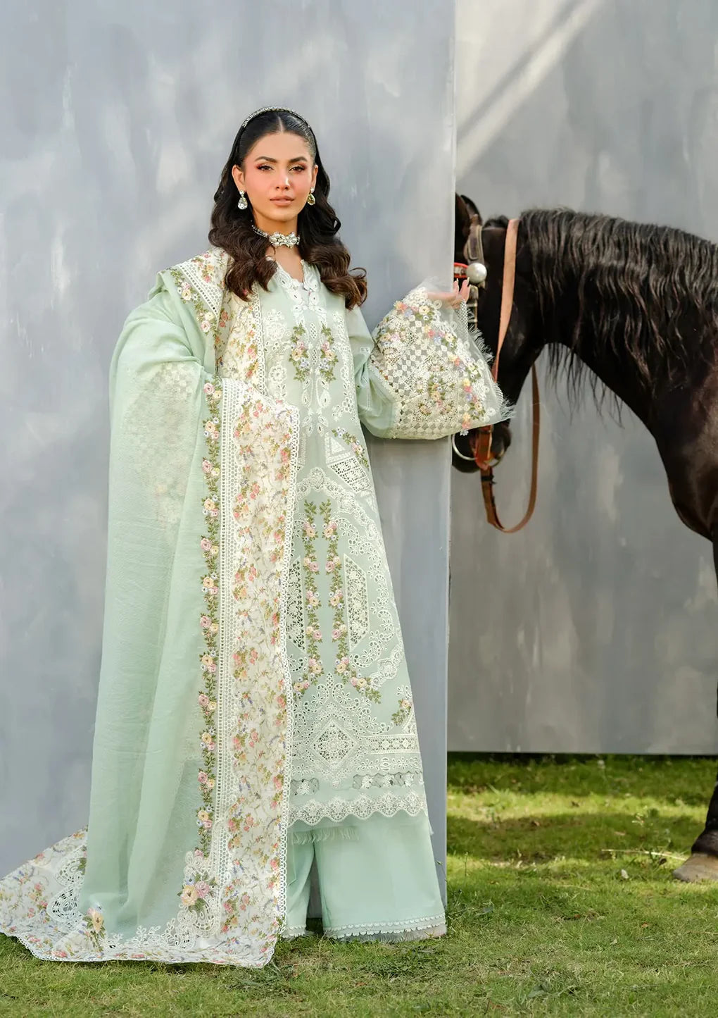 Elaf Premium | 3 Piece Unstitched Embroidered Lawn | ELH-4B FROSTEL