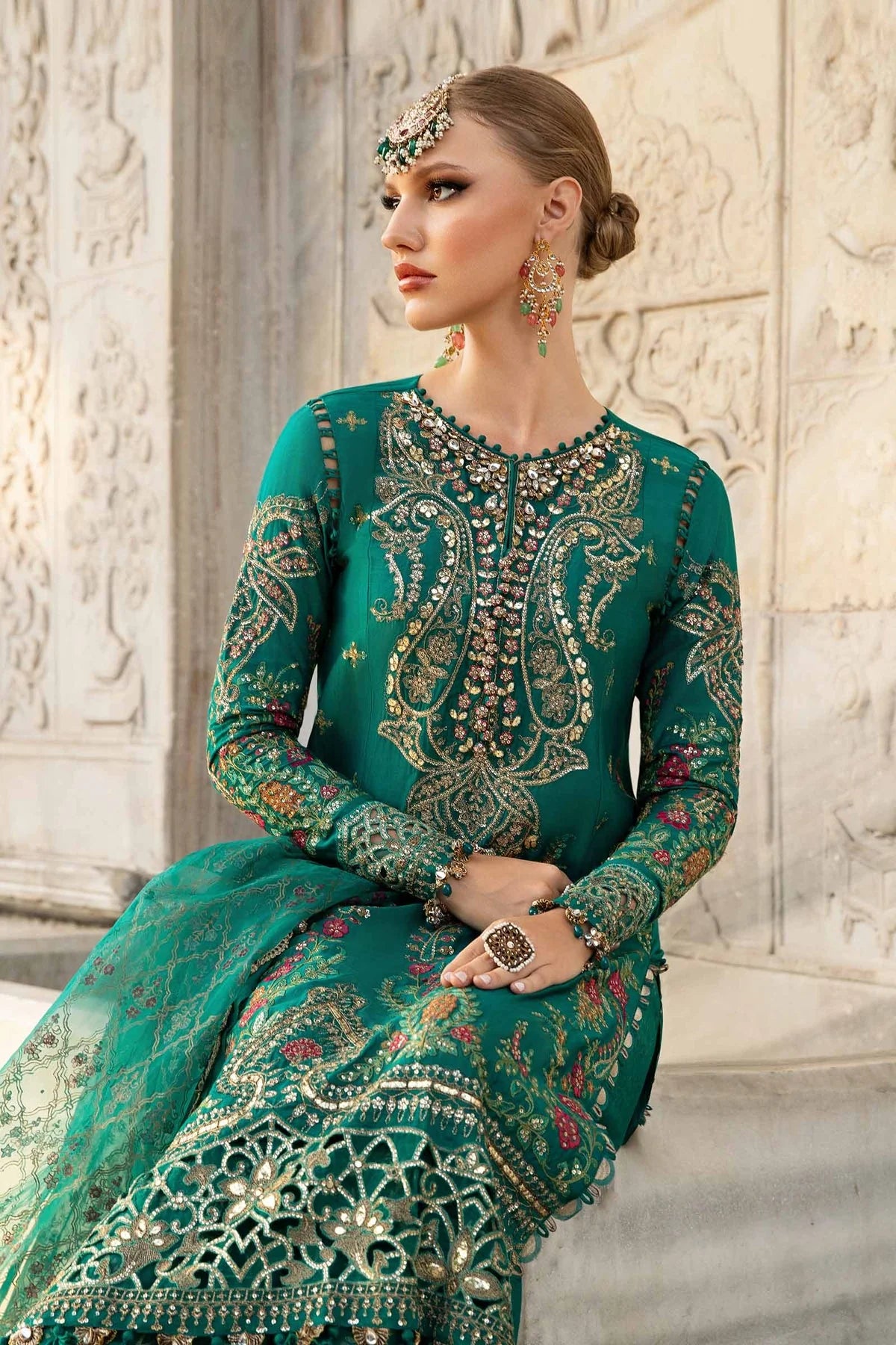 Maria B | 3 Piece Unstitched Embroidered Cotton Satin | CST-805-Deep Ferozi