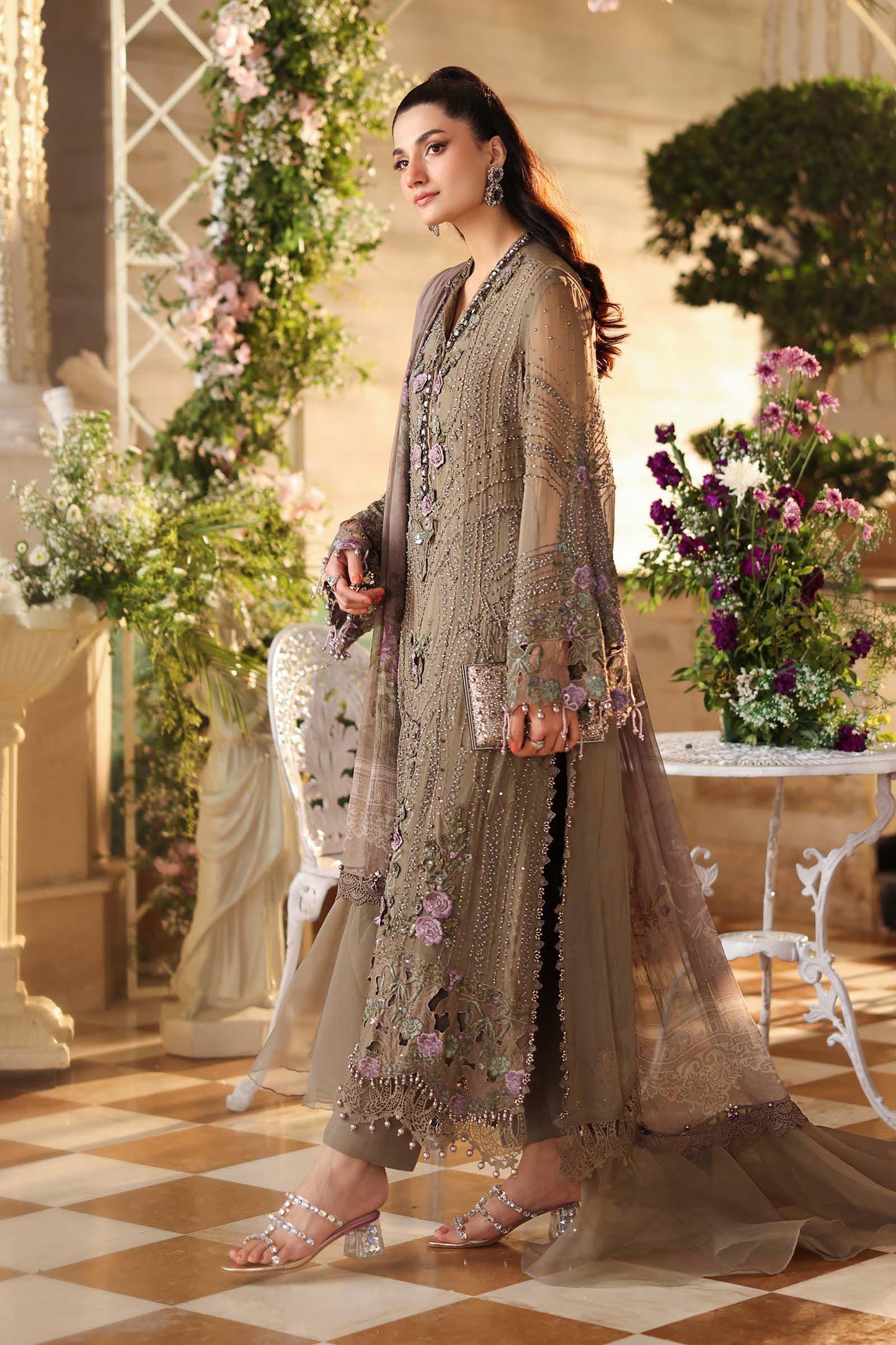 Maria B. | 3 Piece Embroidered Chiffon Suit | MPC-26-102-Muted Mocha Brown
