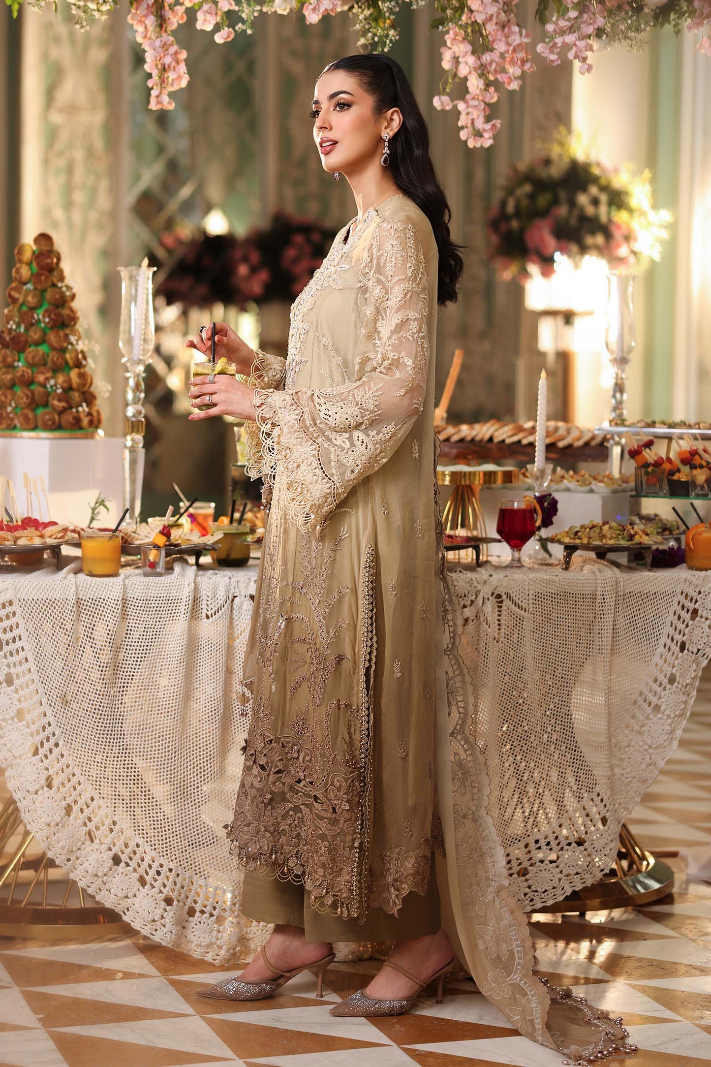 Maria B. | 3 Piece Unstitched Embroidered Chiffon Suit | MPC-26-103-Olive Gold