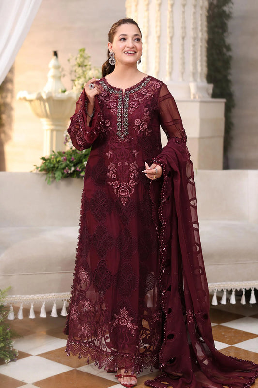 Maria B. | 3 Piece Unstitched Embroidered Chiffon Suit | MPC-26-108-Burgundy