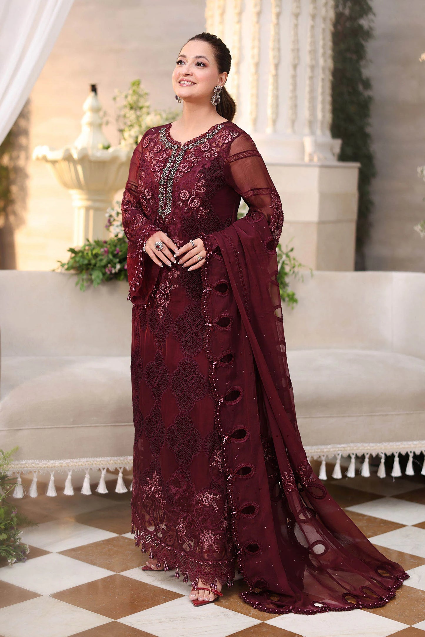 Maria B. | 3 Piece Unstitched Embroidered Chiffon Suit | MPC-26-108-Burgundy