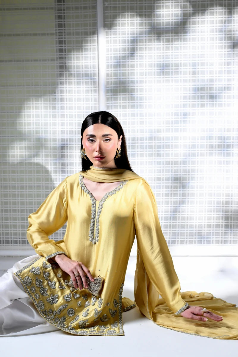 Huma Mistry | 3 Piece Unstitched Embroidered Silk Suite | Butter Radiance