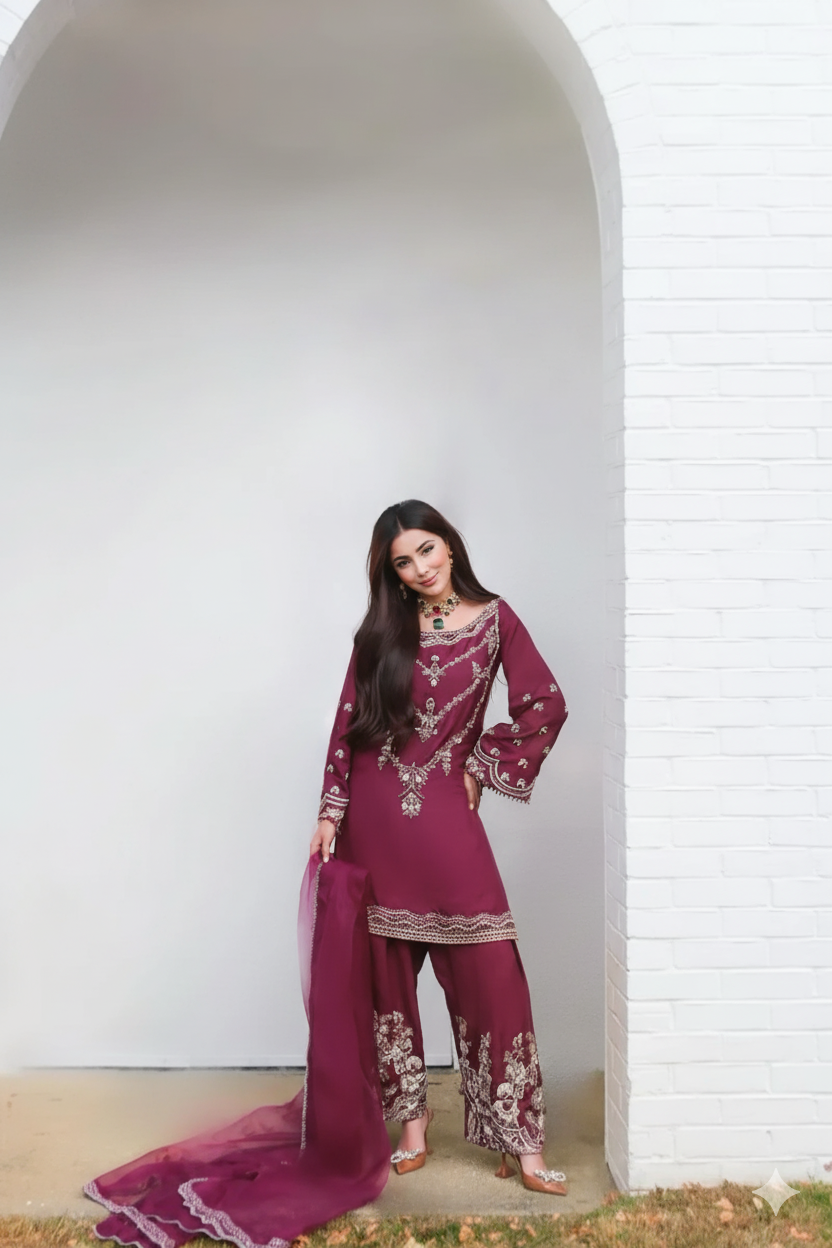 Abeera Usman | 3 Piece Unstitched Embroidered Raw Silk | Irina Maroon