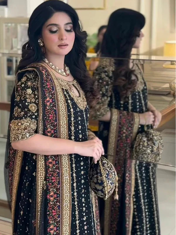 Haris Shakeel | 3 Piece Unstitched Embroidered Tusal Silk | Black