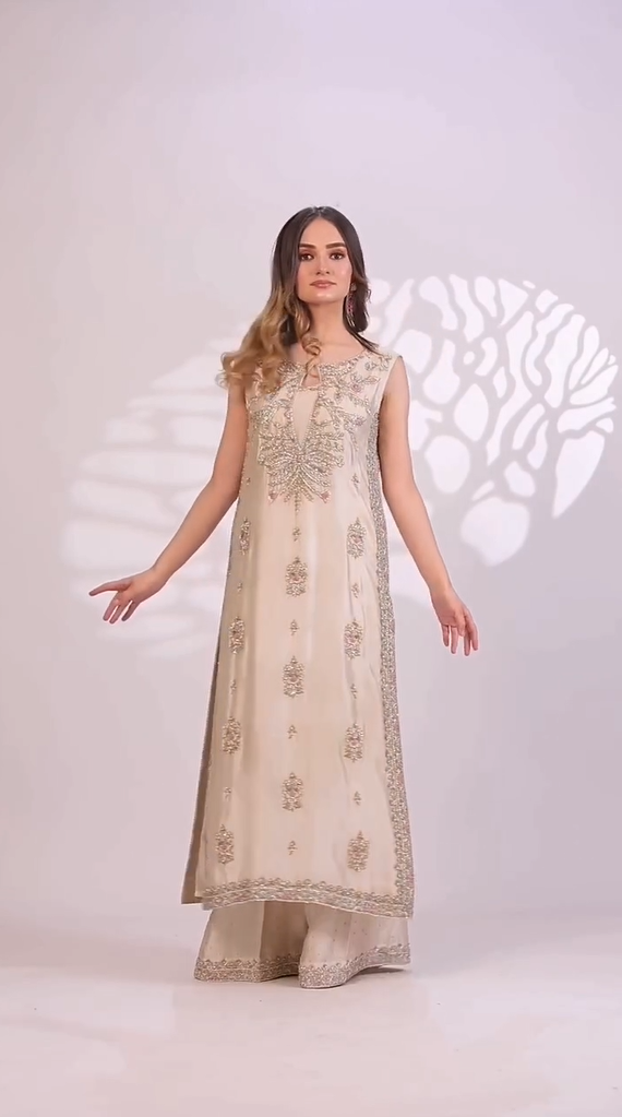 Haris Ansari | 3 Piece Unstitched Embroidered Tussle Silk | Ivory Bloom