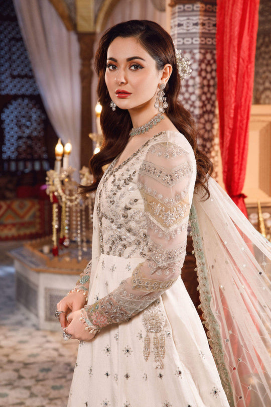 Maria B. | Unstitched MBROIDERED Raw Silk - Pearl White and Peachy Silver | BD-2502