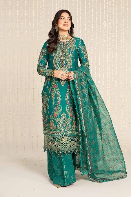 Maria B | 3 Piece Unstitched Embroidered Cotton Satin | CST-805-Deep Ferozi