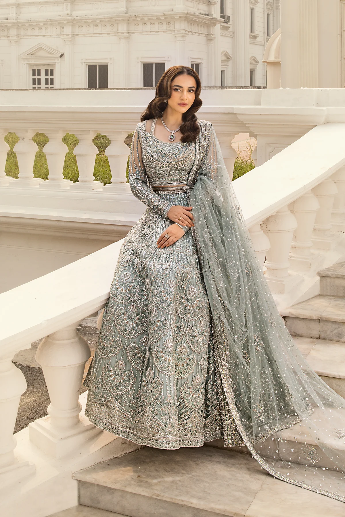 Erum Khan | Unstitched Net Bridal Lehnga | Minty Breeze