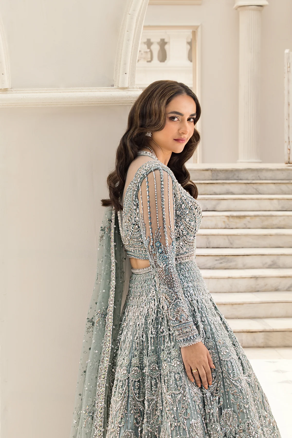 Erum Khan | Unstitched Net Bridal Lehnga | Minty Breeze