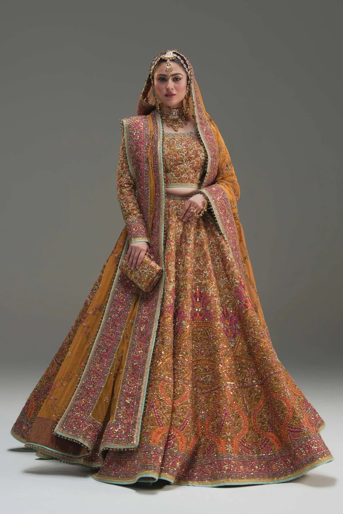 Fahad Hussayn | 3 Piece Unstitched Yellow Net Lehenga Choli | Naugul