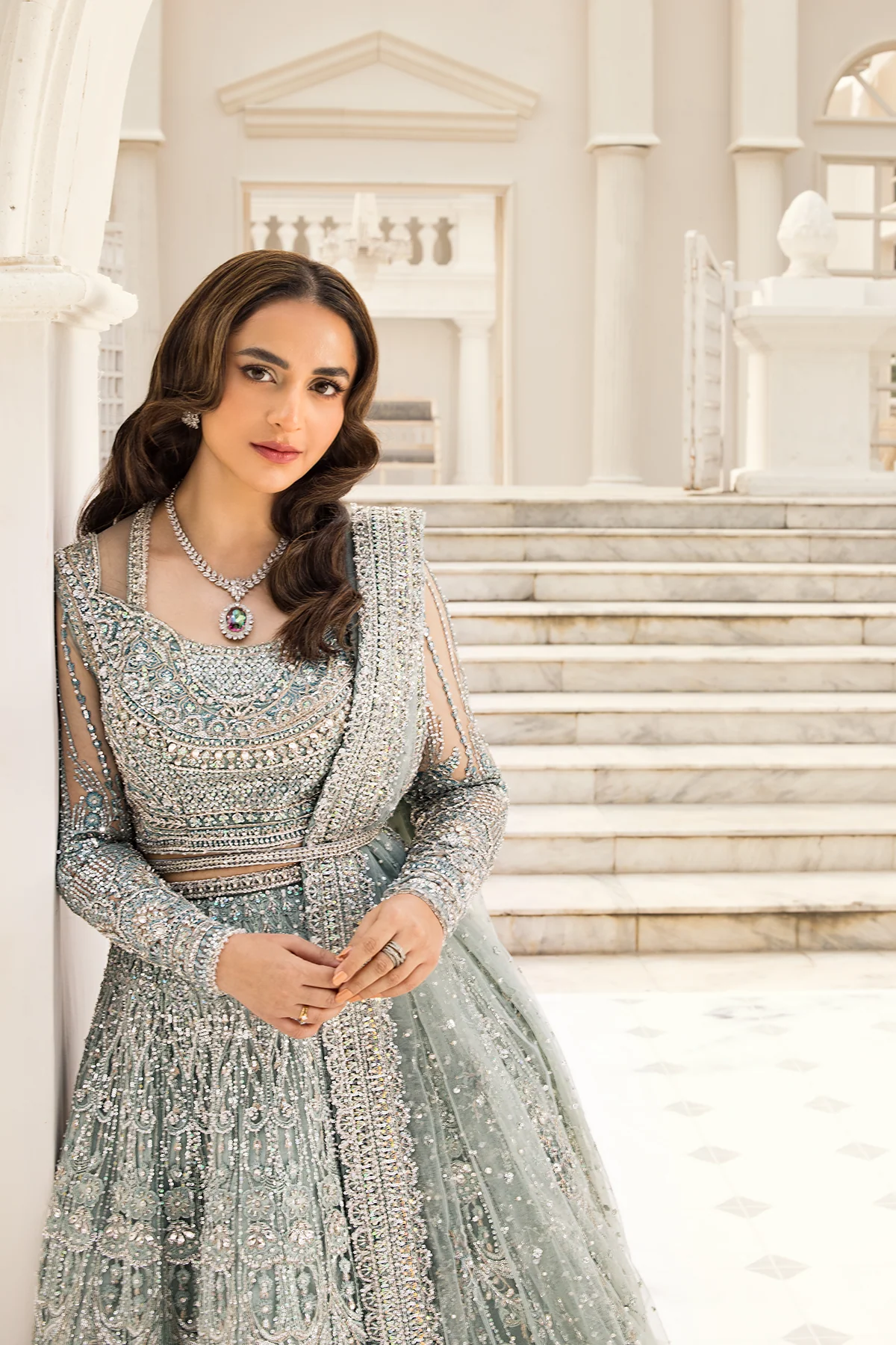 Erum Khan | Unstitched Net Bridal Lehnga | Minty Breeze