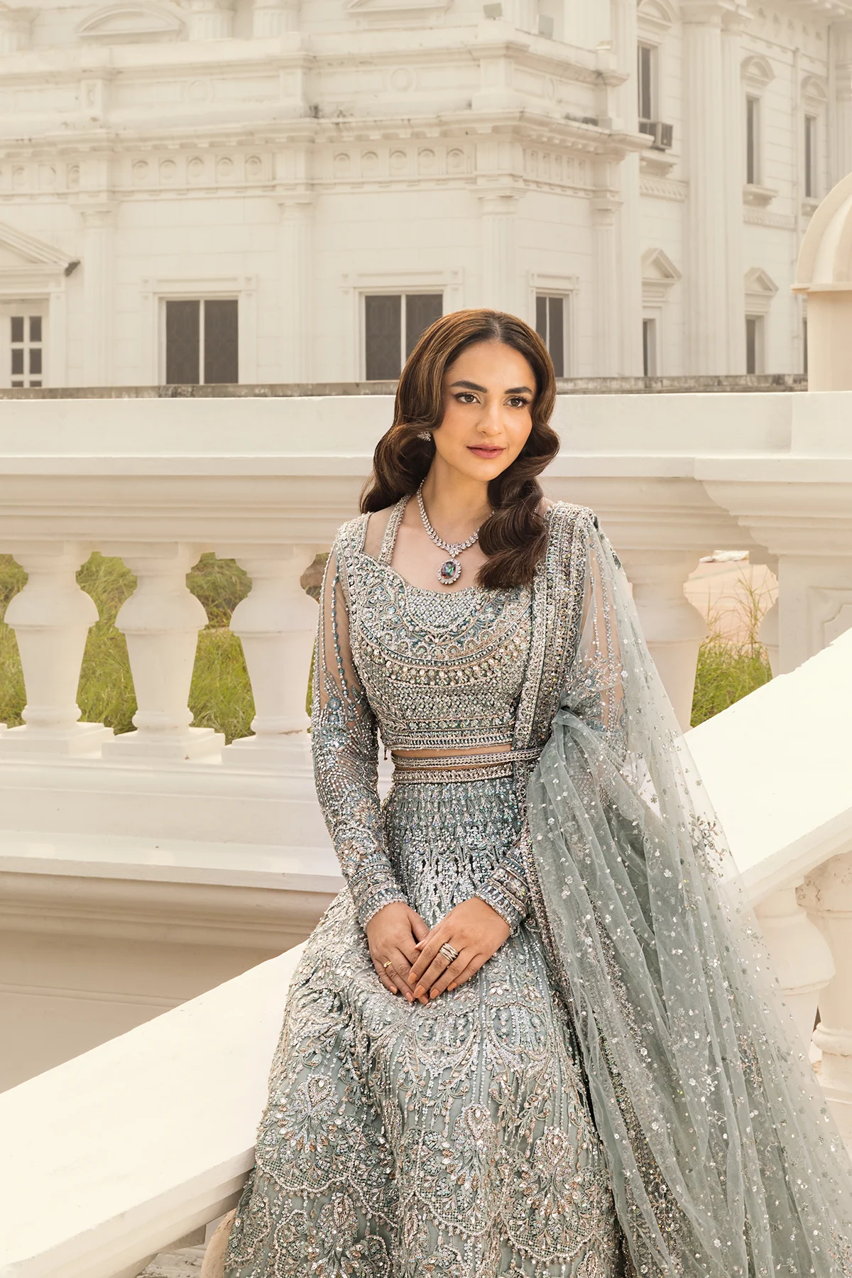 Erum Khan | Unstitched Net Bridal Lehnga | Minty Breeze