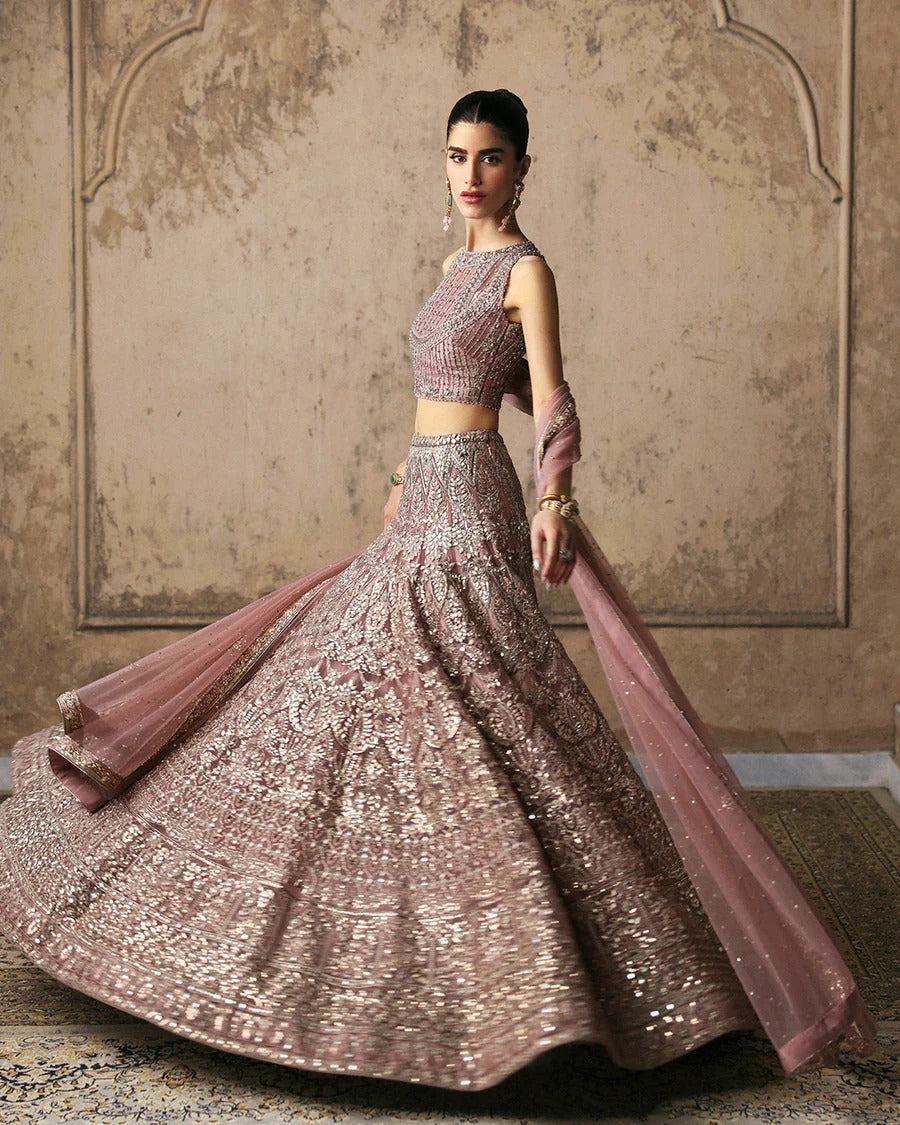 Faiza Saqlain | 3 Piece Unstitched Embroidered Net Lehenga | Prenia