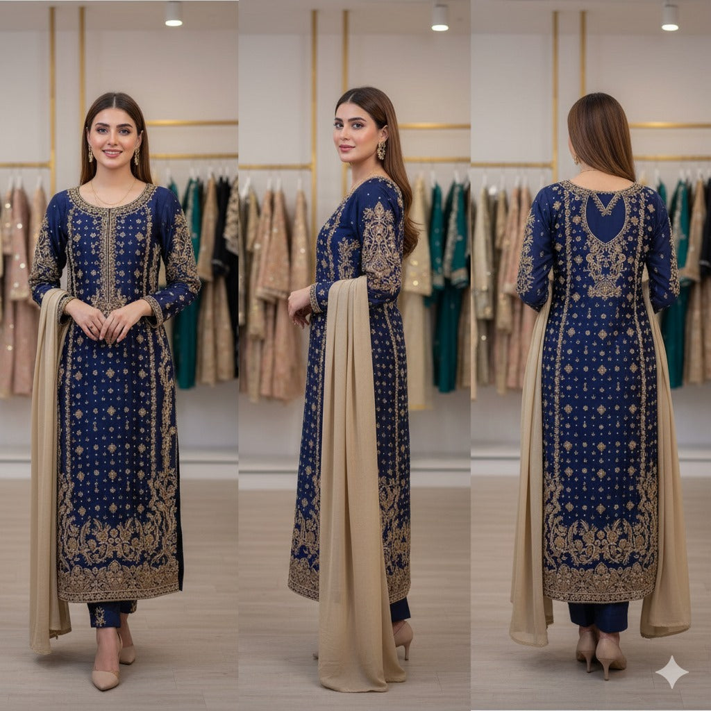Poshkari | 3 Piece Unstitched Embroidered Tussle Silk | Monam Luxe