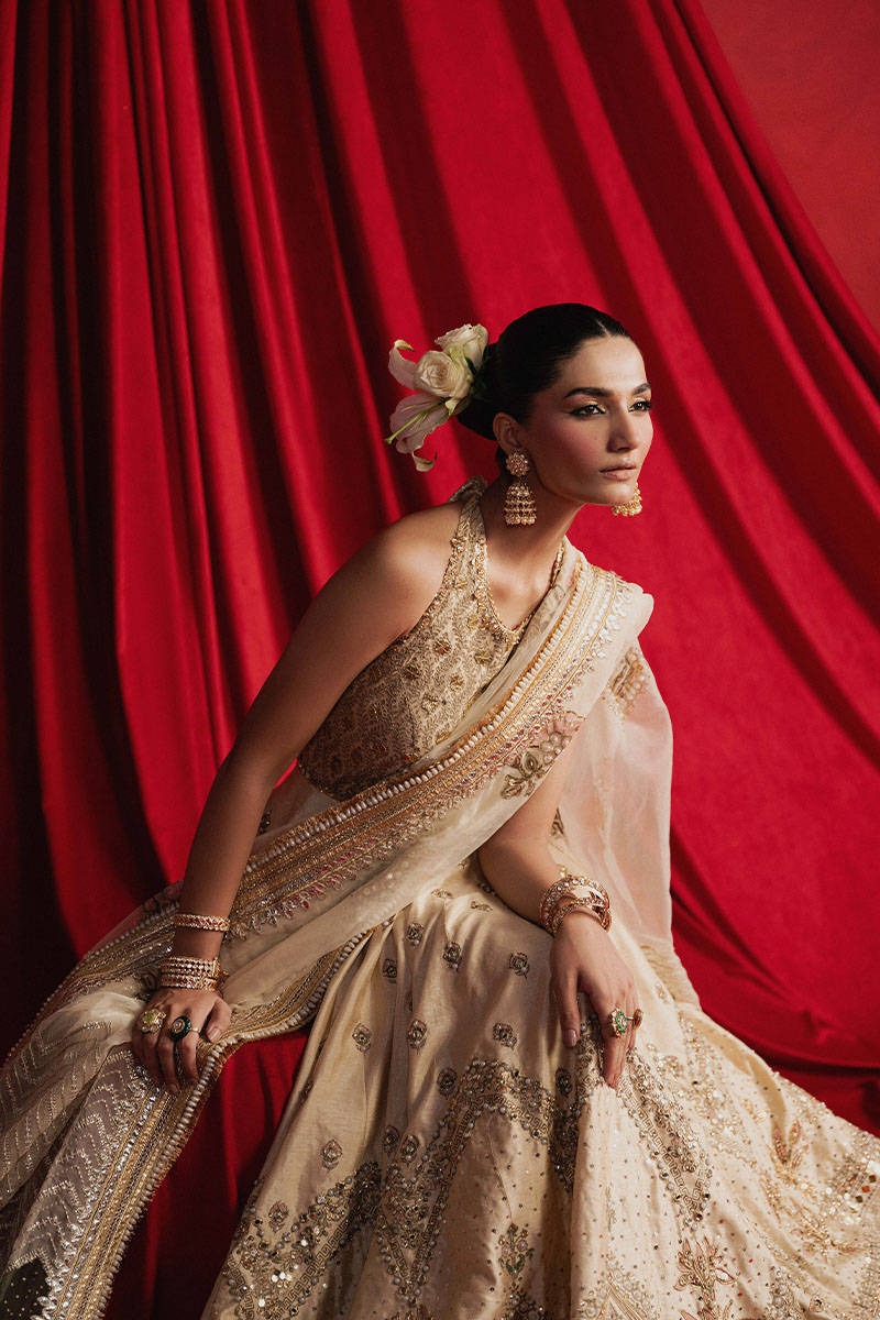 MNR | 3 Piece Unstitched Embroidered Silk Choli Lehenga | Mahjabeen