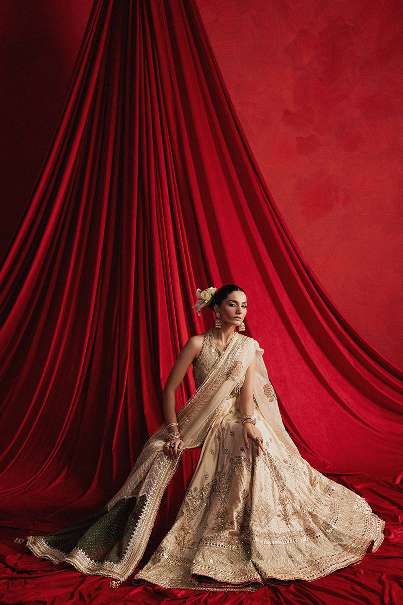 MNR | 3 Piece Unstitched Embroidered Silk Choli Lehenga | Mahjabeen