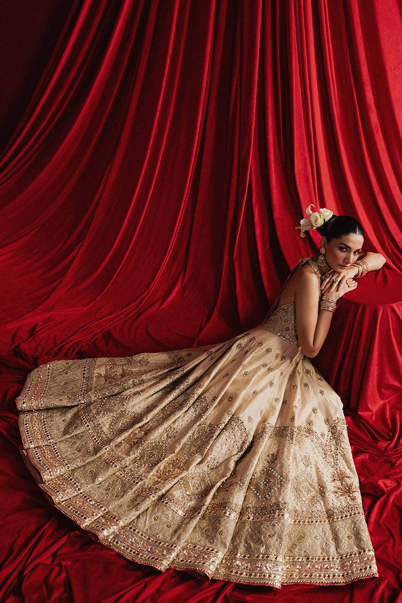 MNR | 3 Piece Unstitched Embroidered Silk Choli Lehenga | Mahjabeen