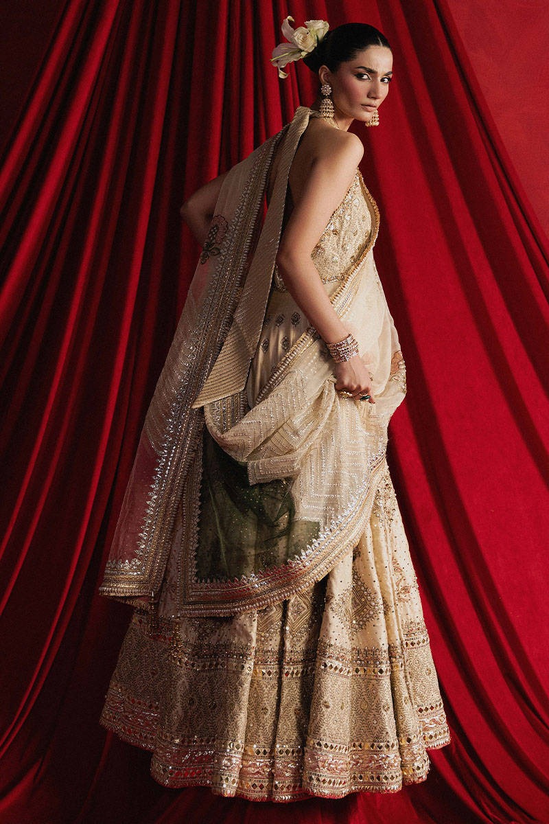 MNR | 3 Piece Unstitched Embroidered Silk Choli Lehenga | Mahjabeen