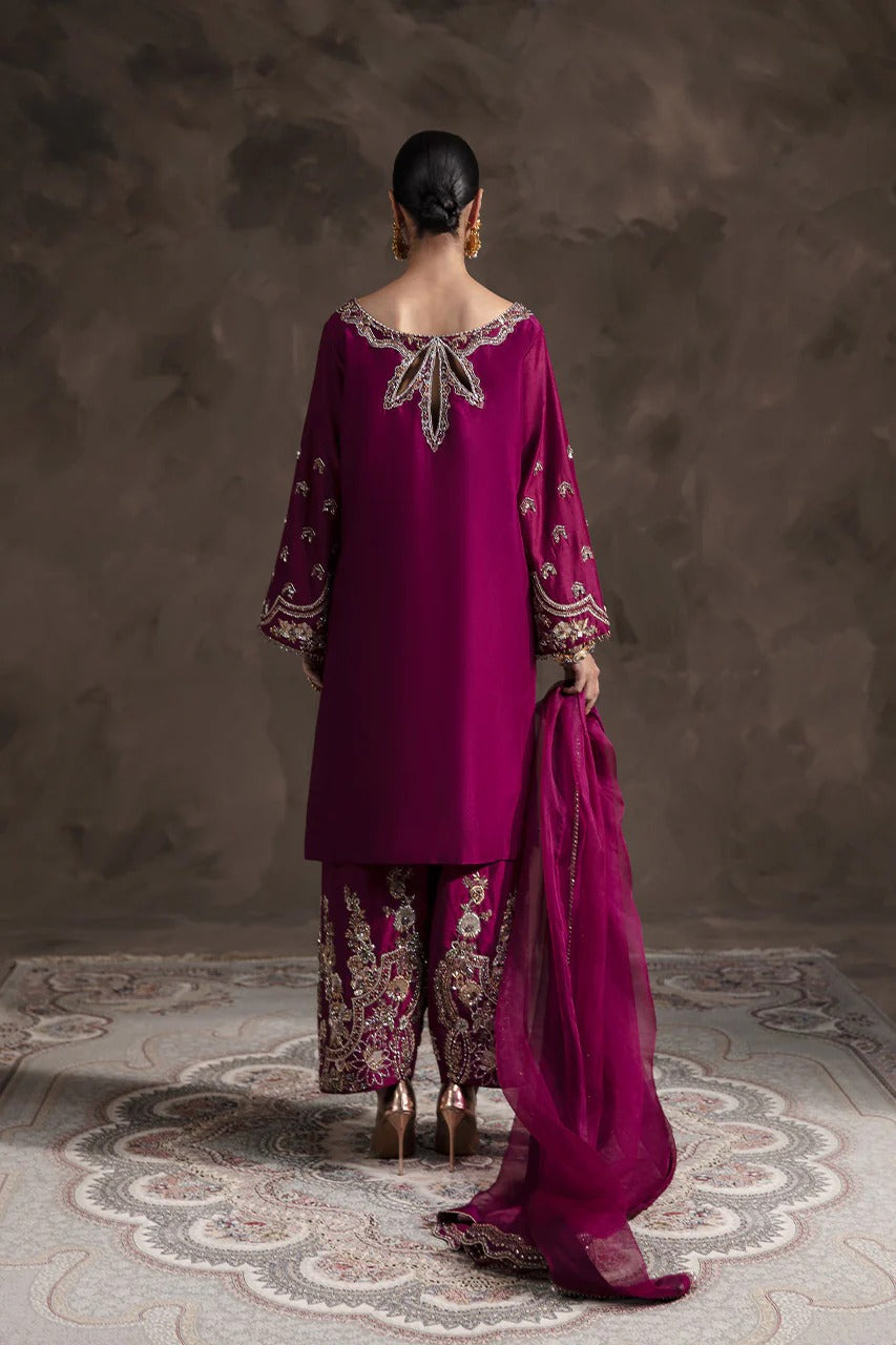 Abeera Usman | 3 Piece Unstitched Embroidered Raw Silk | Irina Burgundy