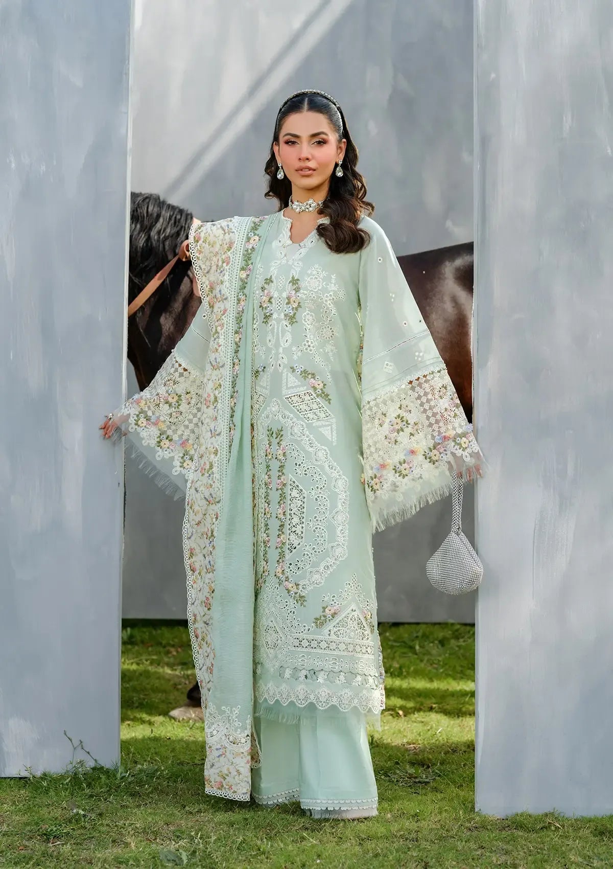 Elaf Premium | 3 Piece Unstitched Embroidered Lawn | ELH-4B FROSTEL