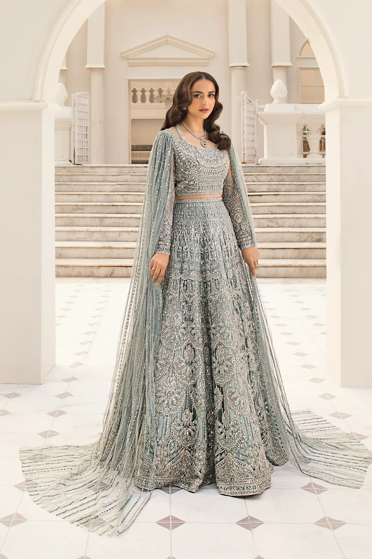 Erum Khan | Unstitched Net Bridal Lehnga | Minty Breeze