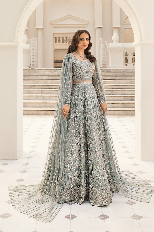 Erum Khan | Unstitched Net Bridal Lehnga | Minty Breeze