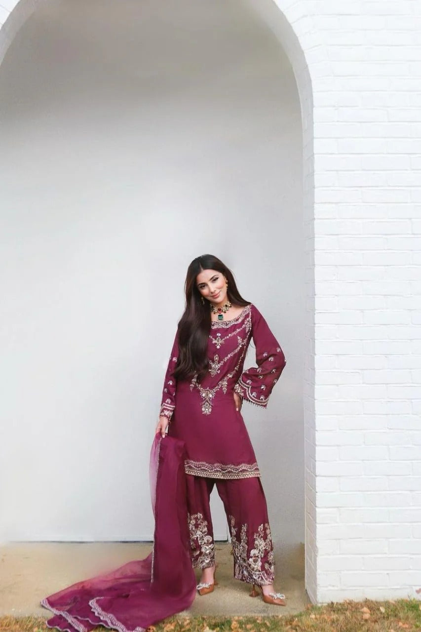 Abeera Usman | 3 Piece Unstitched Embroidered Raw Silk | Irina Burgundy