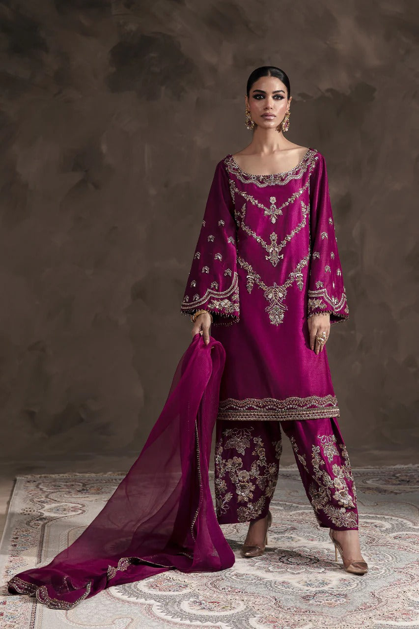 Abeera Usman | 3 Piece Unstitched Embroidered Raw Silk | Irina Burgundy