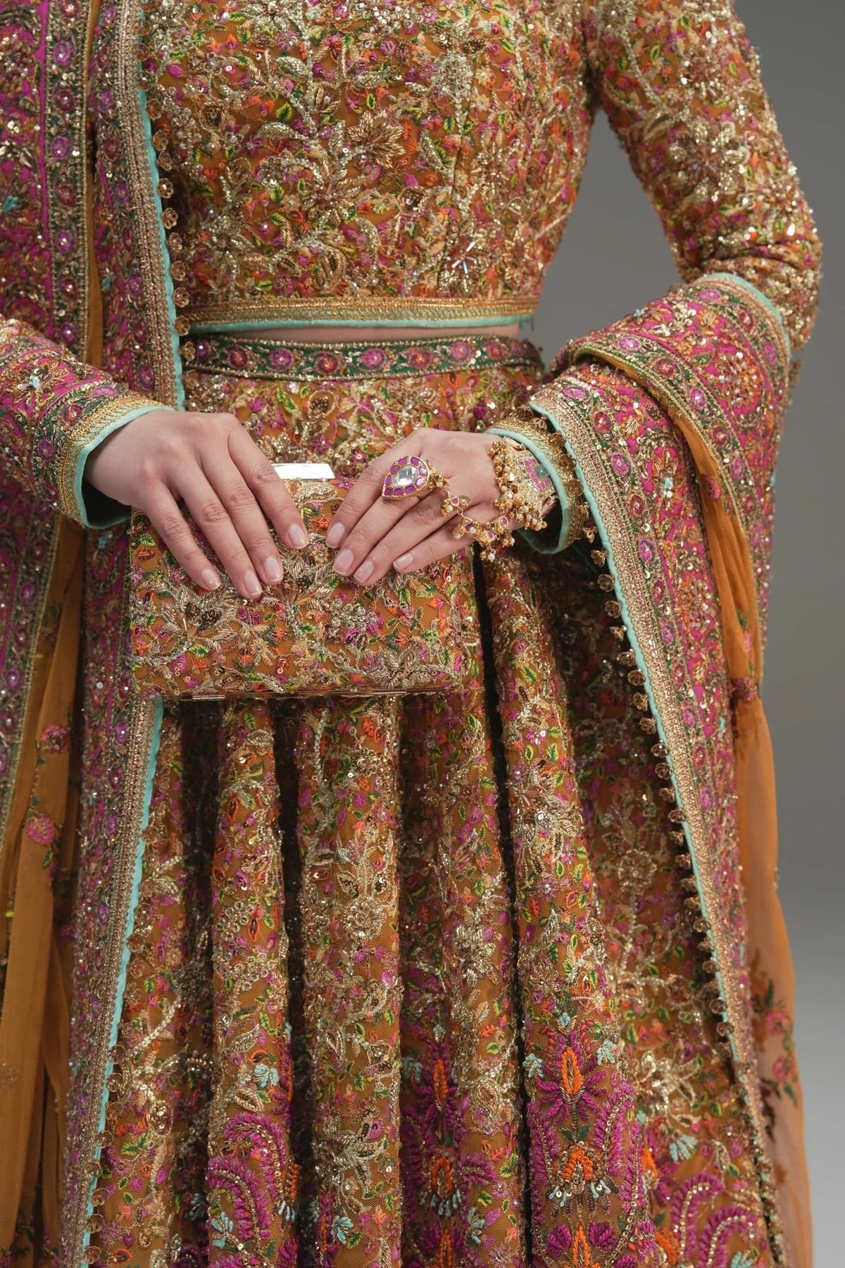 Fahad Hussayn | 3 Piece Unstitched Yellow Net Lehenga Choli | Naugul