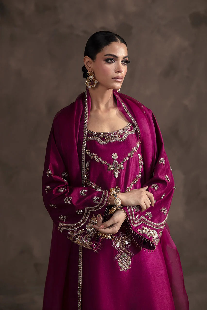 Abeera Usman | 3 Piece Unstitched Embroidered Raw Silk | Irina Burgundy