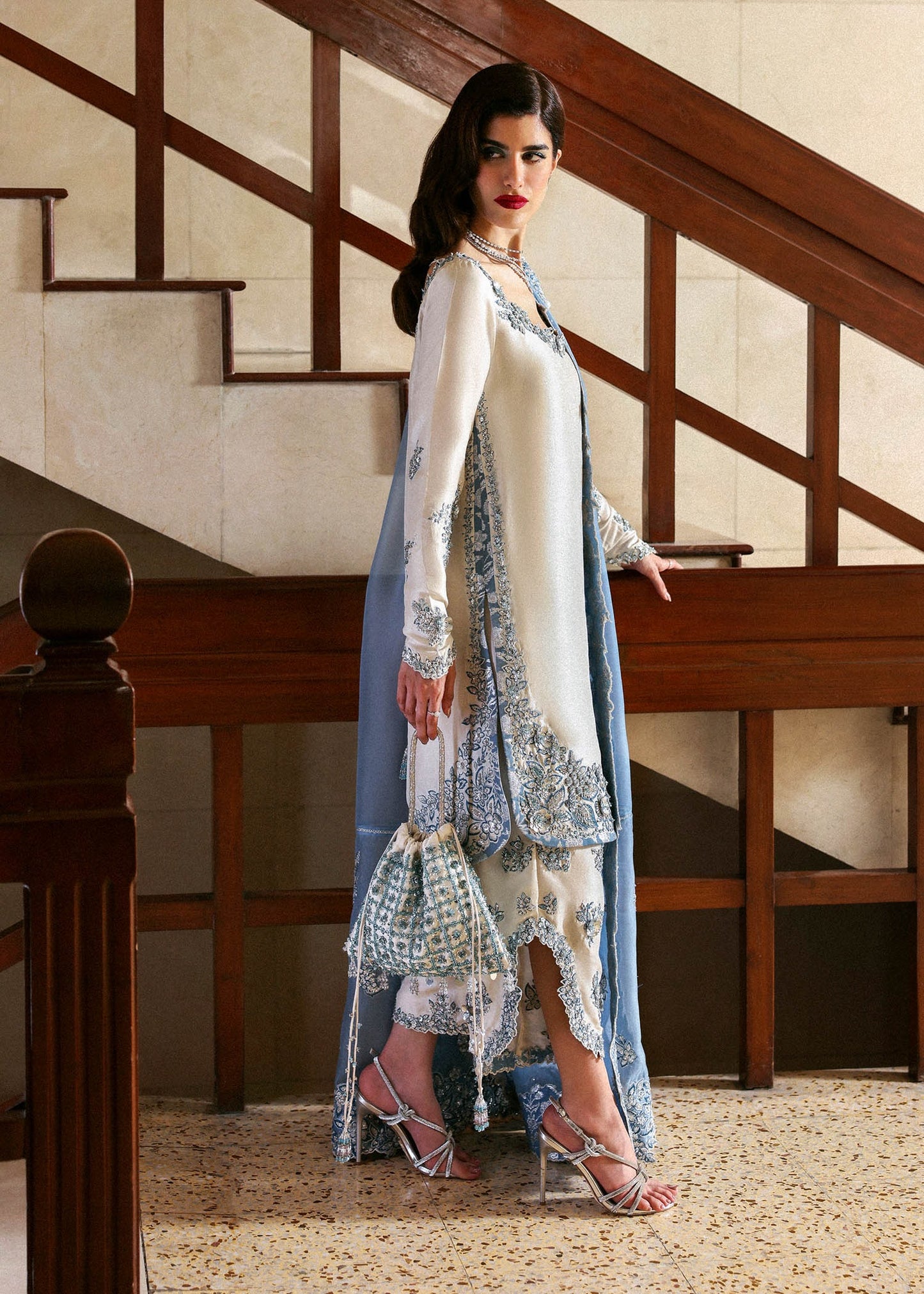 Hussain Rehar | 3 Piece Unstitched Embroidered Raw Silk | Off White & Ice  Blue