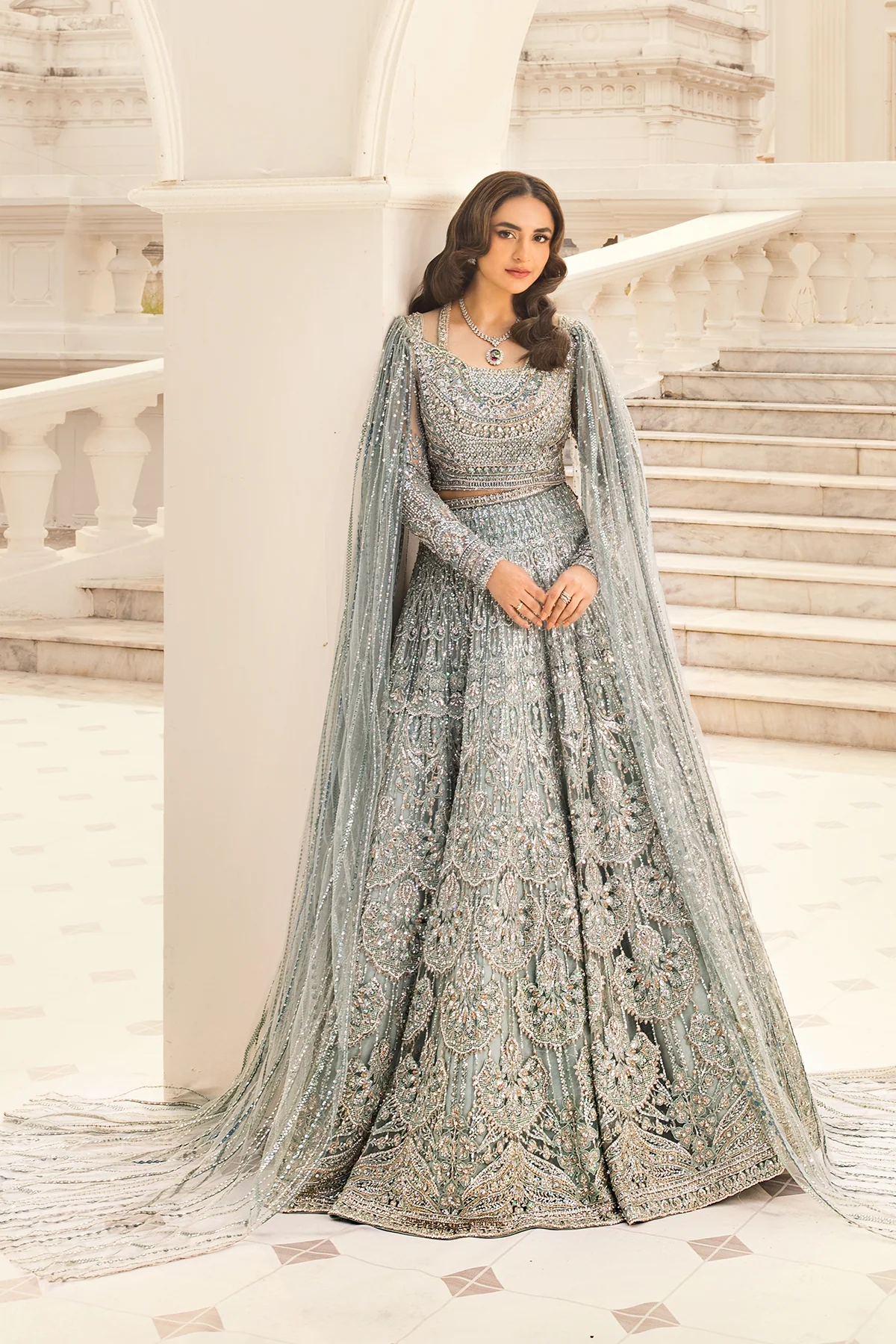 Erum Khan | Unstitched Net Bridal Lehnga | Minty Breeze
