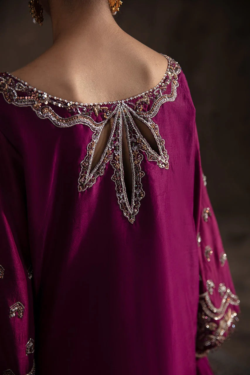 Abeera Usman | 3 Piece Unstitched Embroidered Raw Silk | Irina Burgundy