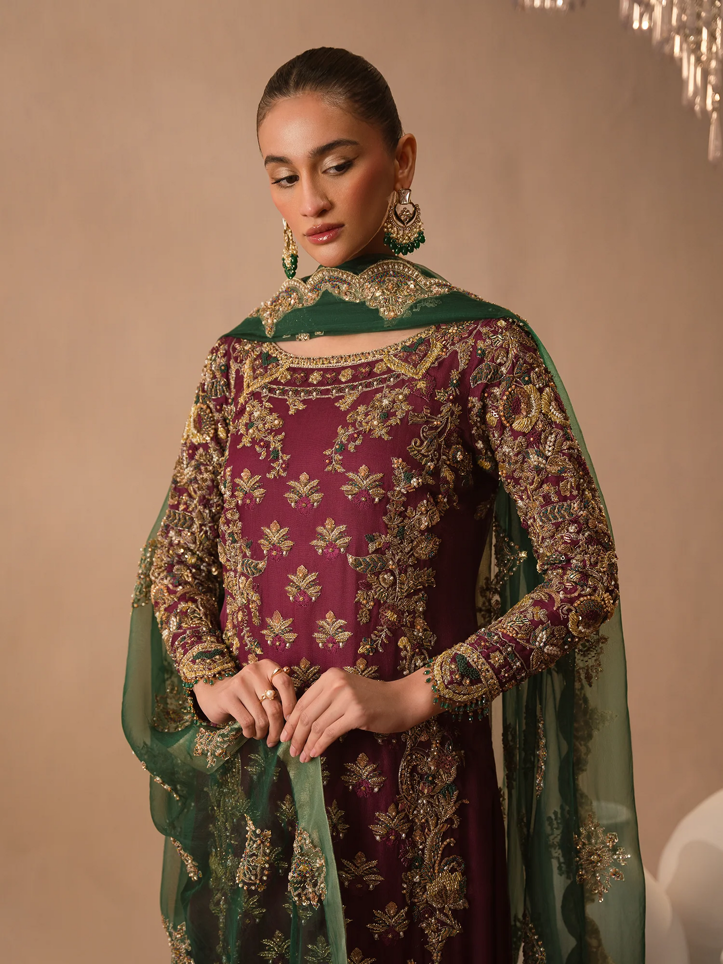 Abeera Usman | 3 Piece Unstitched Embroidered Organza | Burgundy Dusk